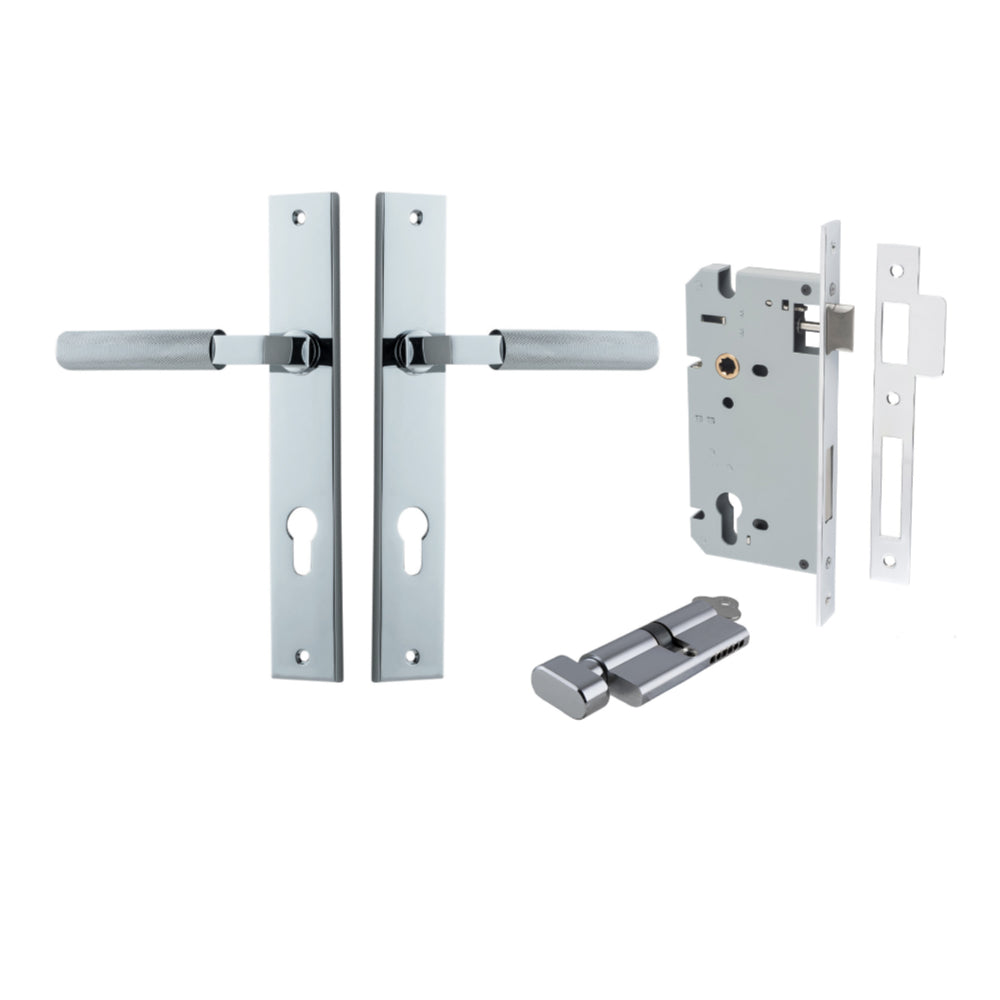 Door Lever Brunswick Rectangular Euro Pair Polished Chrome CTC85mm L120xP57mm BPH240xW38mm, Mortice Lock Euro Polished Chrome CTC85mm Backset 60mm, Euro Cylinder Key Thumb 5 Pin Polished Chrome 65mm KA4 in Polished Chrome