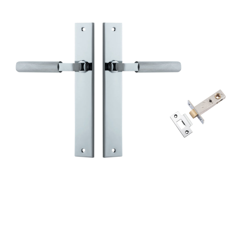 Pair of Iver Brunswick lever door handles on rectangular backplates, featuring a sleek black finish and modern design.
