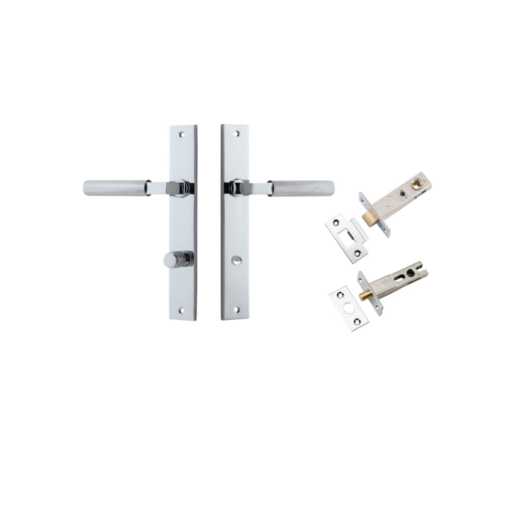 Door Lever Brunswick Rectangular Privacy Polished Chrome CTC85mm L120xP57mm BPH240xW38mm Privacy Kit, Tube Latch Split Cam 'T' Striker Polished Chrome Backset 60mm, Privacy Bolt Round Bolt Polished Chrome Backset 60mm in Polished Chrome