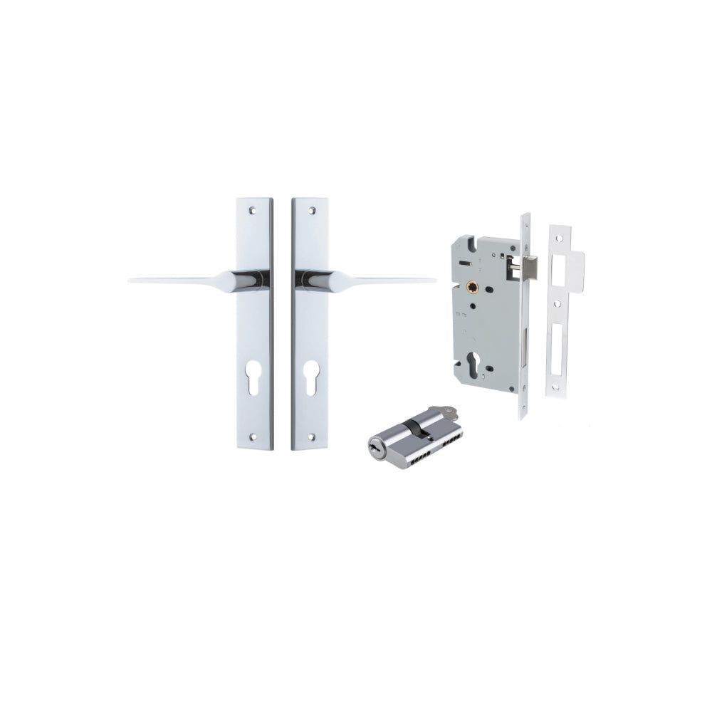 Door Lever Como Rectangular Euro Pair Polished Chrome CTC85mm L119xP59mm BPH240xW38mm Mortice Lock Euro Polished Chrome CTC85mm Backset 60mm, Euro Cylinder Dual Function 5 Pin Polished Chrome 65mm KA4 in Polished Chrome