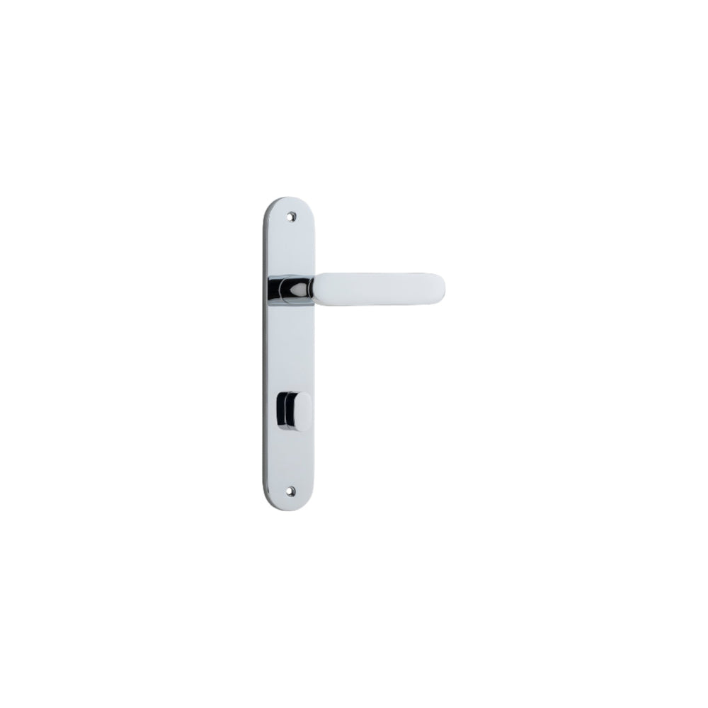 Pair of Iver Bronte lever door handles on oval backplates, featuring elegant design and polished finish.