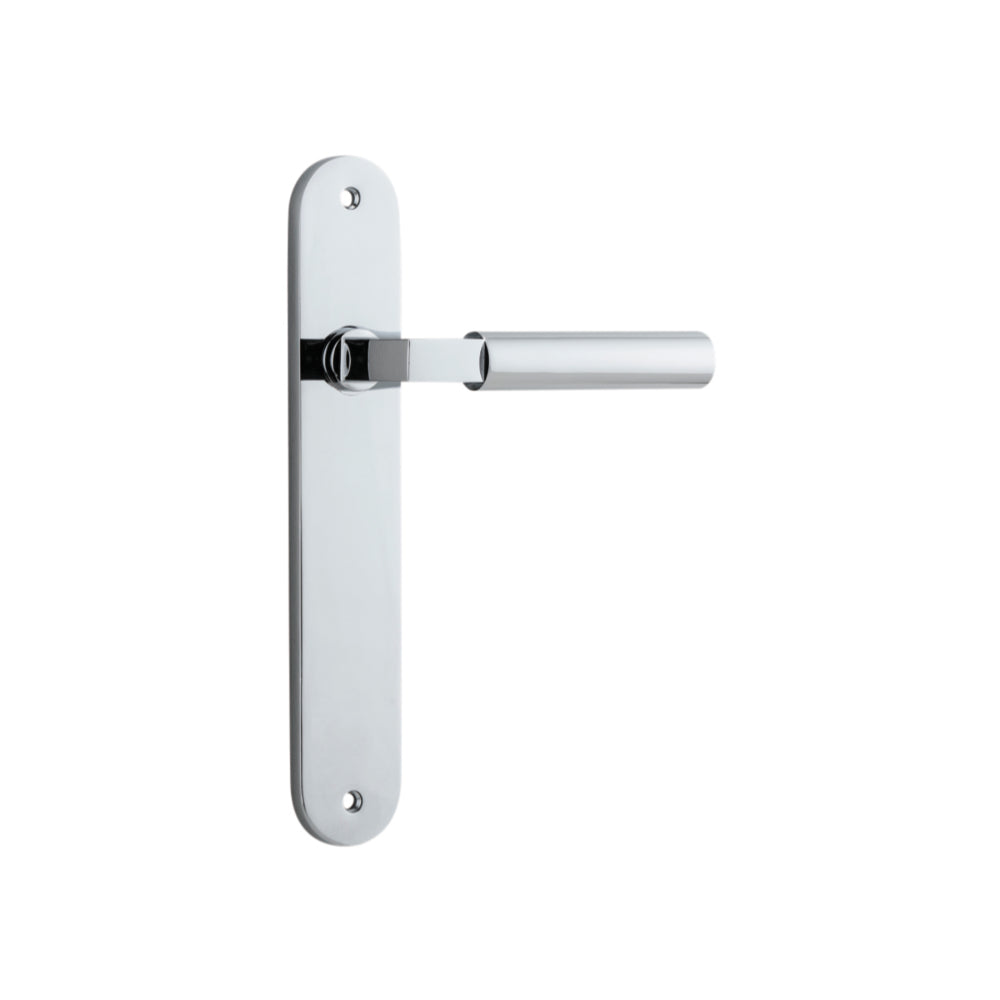 Pair of Iver Berlin lever door handles on oval backplates, polished metal finish, suitable for modern interior doors.