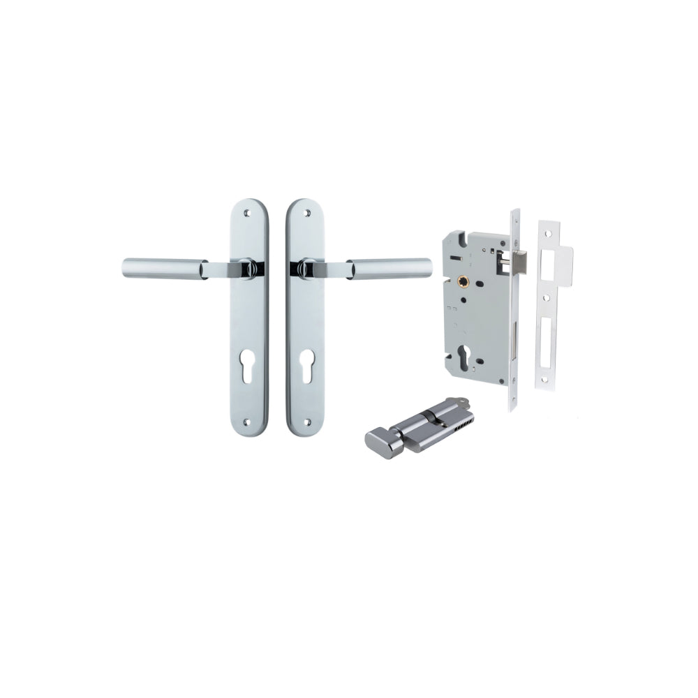 Pair of Iver Berlin lever door handles on oval backplates, featuring sleek modern design in brushed metal finish.