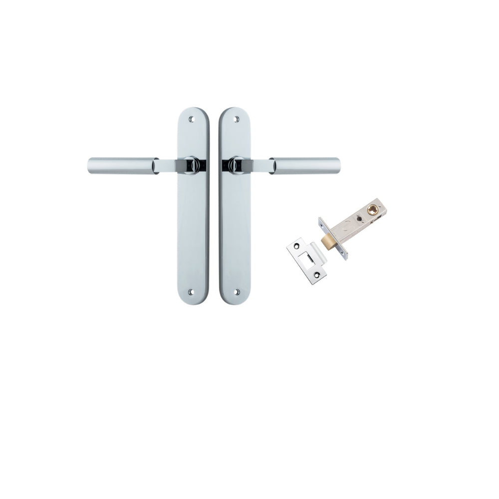 Pair of Iver Berlin lever door handles on oval backplates, polished brass finish, with visible handle and backplate details.