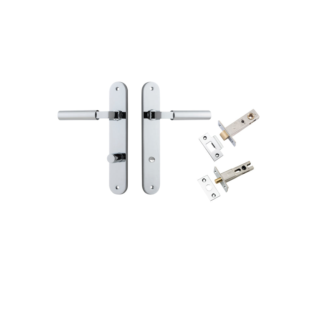 Pair of Iver Berlin lever door handles with oval backplates, featuring a sleek, modern design in a polished finish.
