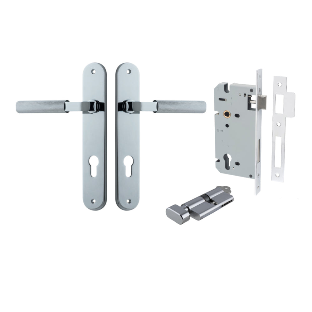 Pair of Iver Brunswick lever handles on oval backplates, architectural hardware in a sleek finish, suitable for doors.