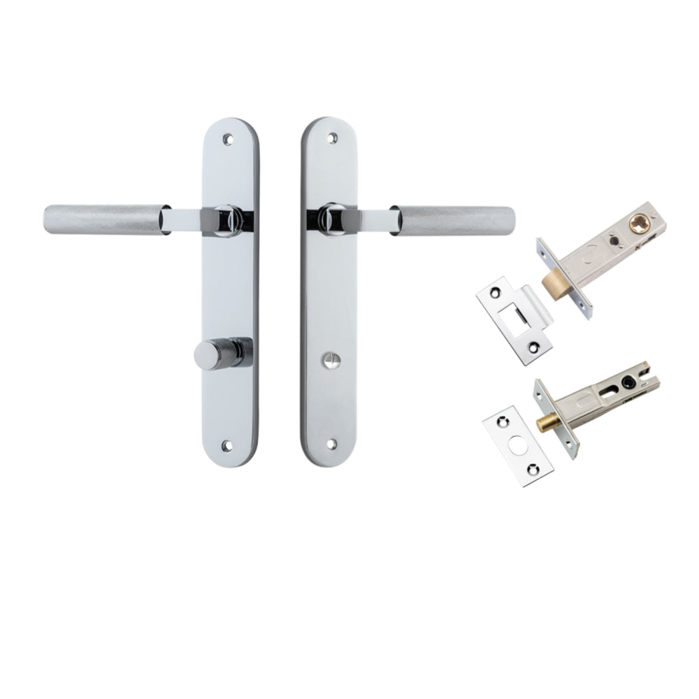 Door Lever Brunswick Oval Privacy Polished Chrome CTC85mm L120xP57mm BPH240xW40mm Privacy Kit Tube Latch Split Cam 'T' Striker Polished Chrome Backset 60mm Privacy Bolt Round Bolt Polished Chrome Backset 60mm in Polished Chrome