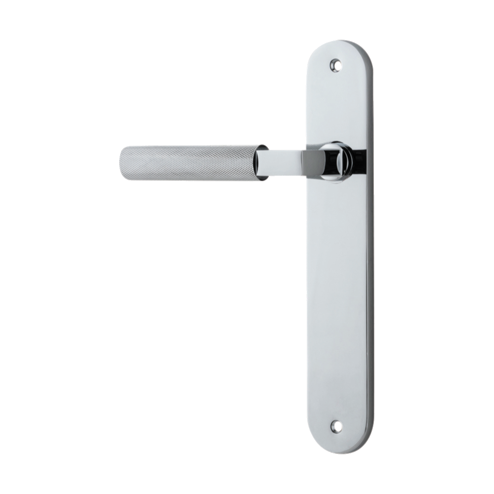 Door Lever Brunswick Oval Latch Left Hand Fixed Polished Chrome L120xP57mm BPH240xW40mm in Polished Chrome