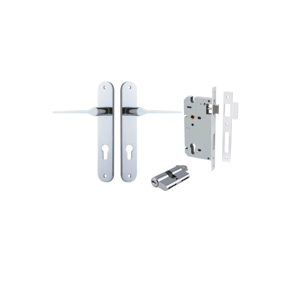 Door Lever Como Oval Euro Pair Polished Chrome CTC85mm L119xP59mm BPH240xW40mm Mortice Lock Euro Polished Chrome CTC85mm Backset 60mm, Euro Cylinder Dual Function 5 Pin Polished Chrome 65mm KA4 in Polished Chrome