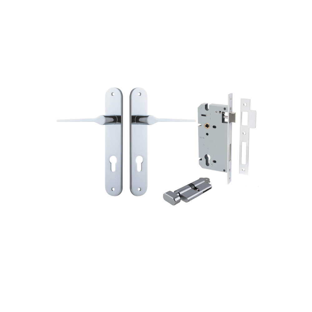 Door Lever Como Oval Euro Pair Polished Chrome CTC85mm L119xP59mm BPH240xW40mm Mortice Lock Euro Polished Chrome CTC85mm Backset 60mm, Euro Cylinder Key Thumb 5 Pin Polished Chrome 65mm KA4 in Polished Chrome