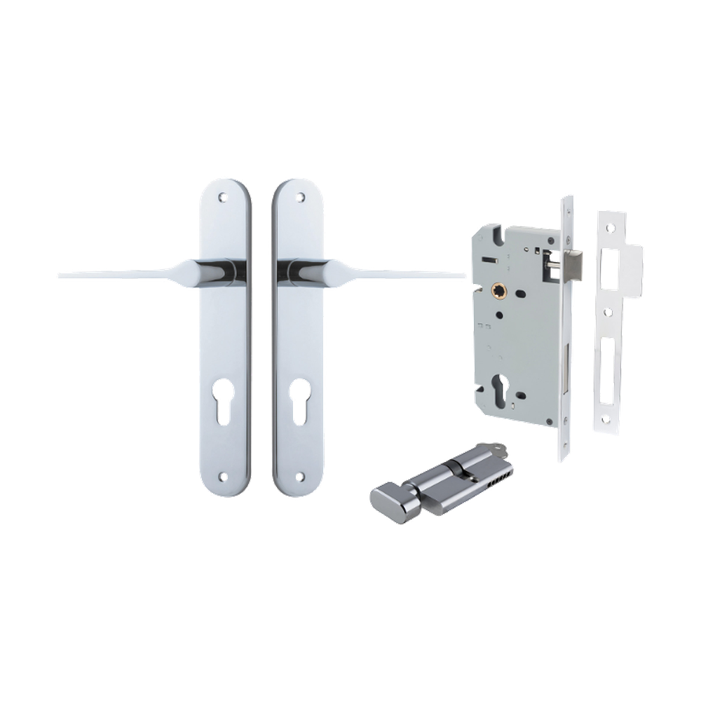 Door Lever Como Oval Euro Pair Polished Chrome CTC85mm L119xP59mm BPH240xW40mm Mortice Lock Euro Polished Chrome CTC85mm Backset 60mm, Euro Cylinder Key Thumb 5 Pin Polished Chrome 65mm KA4 in Polished Chrome