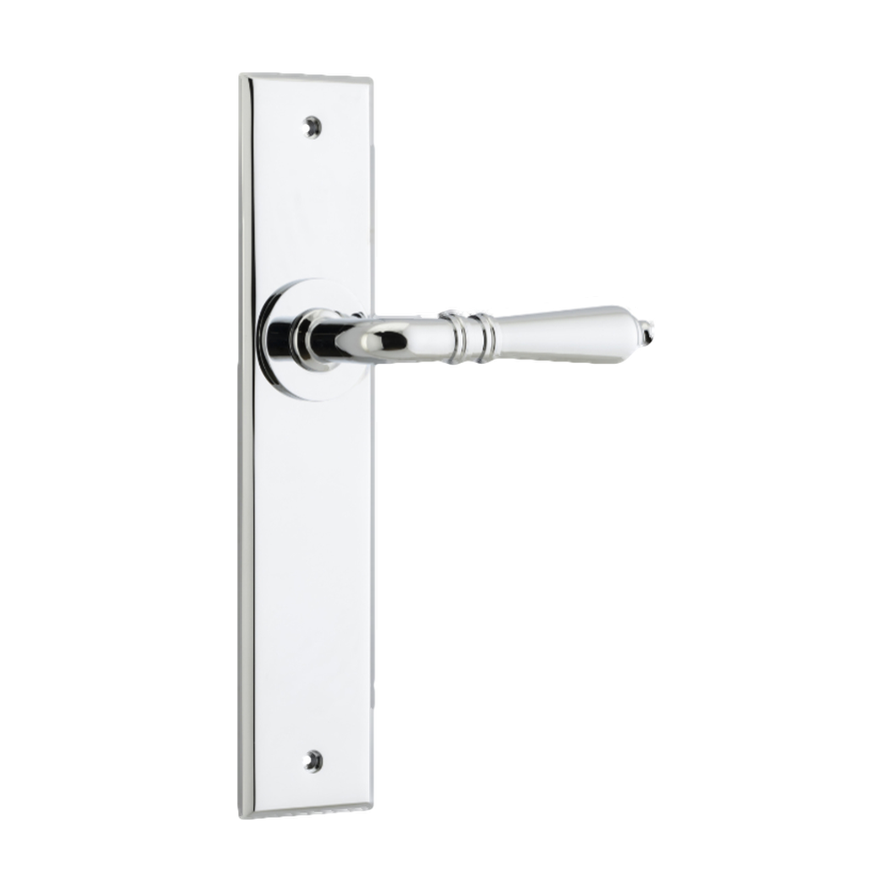 Door Lever Sarlat Chamfered Latch Polished Chrome H240xW50xP55mm in Polished Chrome