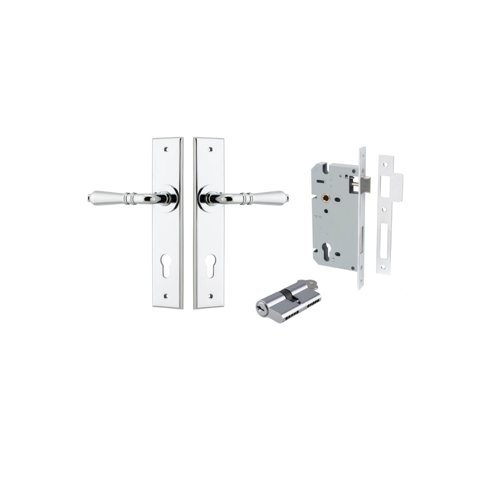 Door Lever Sarlat Chamfered Euro Pair Polished Chrome CTC85mm L111xP55mm BPH240xW50mm Mortice Lock Euro Polished Chrome CTC85mm Backset 60mm, Euro Cylinder Dual Function 5 Pin Polished Chrome 65mm KA4 in Polished Chrome