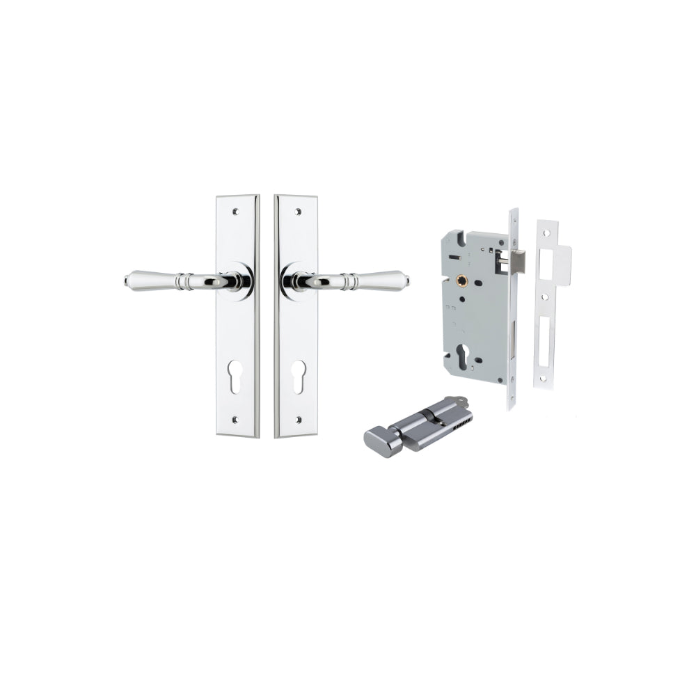 Door Lever Sarlat Chamfered Euro Pair Polished Chrome CTC85mm L111xP55mm BPH240xW50mm Mortice Lock Euro Polished Chrome CTC85mm Backset 60mm, Euro Cylinder Key Thumb 5 Pin Polished Chrome 65mm KA4 in Polished Chrome