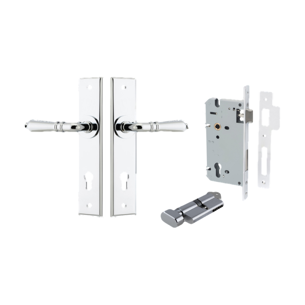 Door Lever Sarlat Chamfered Euro Pair Polished Chrome CTC85mm L111xP55mm BPH240xW50mm Mortice Lock Euro Polished Chrome CTC85mm Backset 60mm, Euro Cylinder Key Thumb 5 Pin Polished Chrome 65mm KA4 in Polished Chrome
