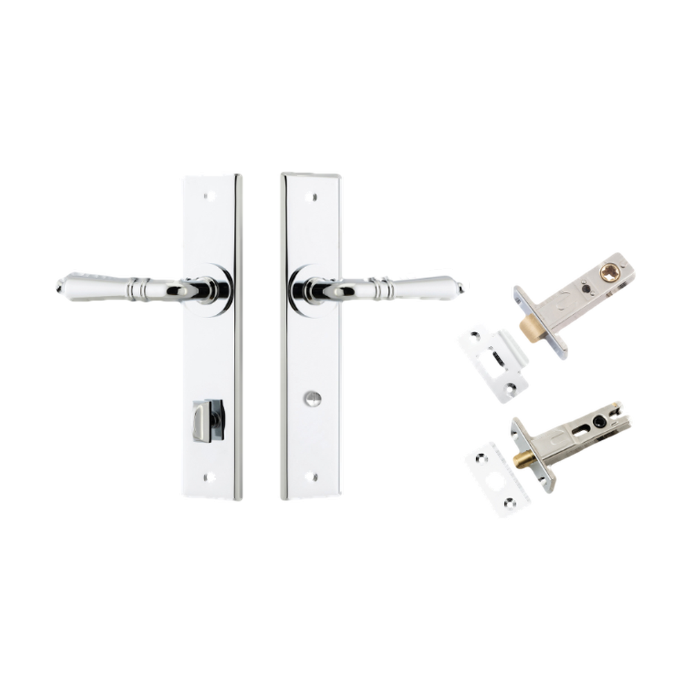 Door Lever Sarlat Chamfered Privacy Polished Chrome CTC85mm L111xP55mm BPH240xW50mm Privacy Kit Tube Latch Split Cam 'T' Striker Polished Chrome Backset 60mm, Privacy Bolt Round Bolt Polished Chrome Backset 60mm in Polished Chrome