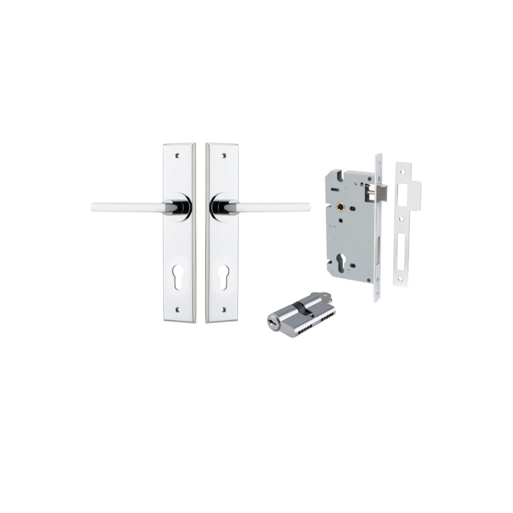 Door Lever Baltimore Chamfered Euro Pair Polished Chrome CTC85mm L118xP56mm BPH240xW50mm Mortice Lock Euro Polished Chrome CTC85mm Backset 60mm, Euro Cylinder Dual Function 5 Pin Polished Chrome 65mm KA4 in Polished Chrome