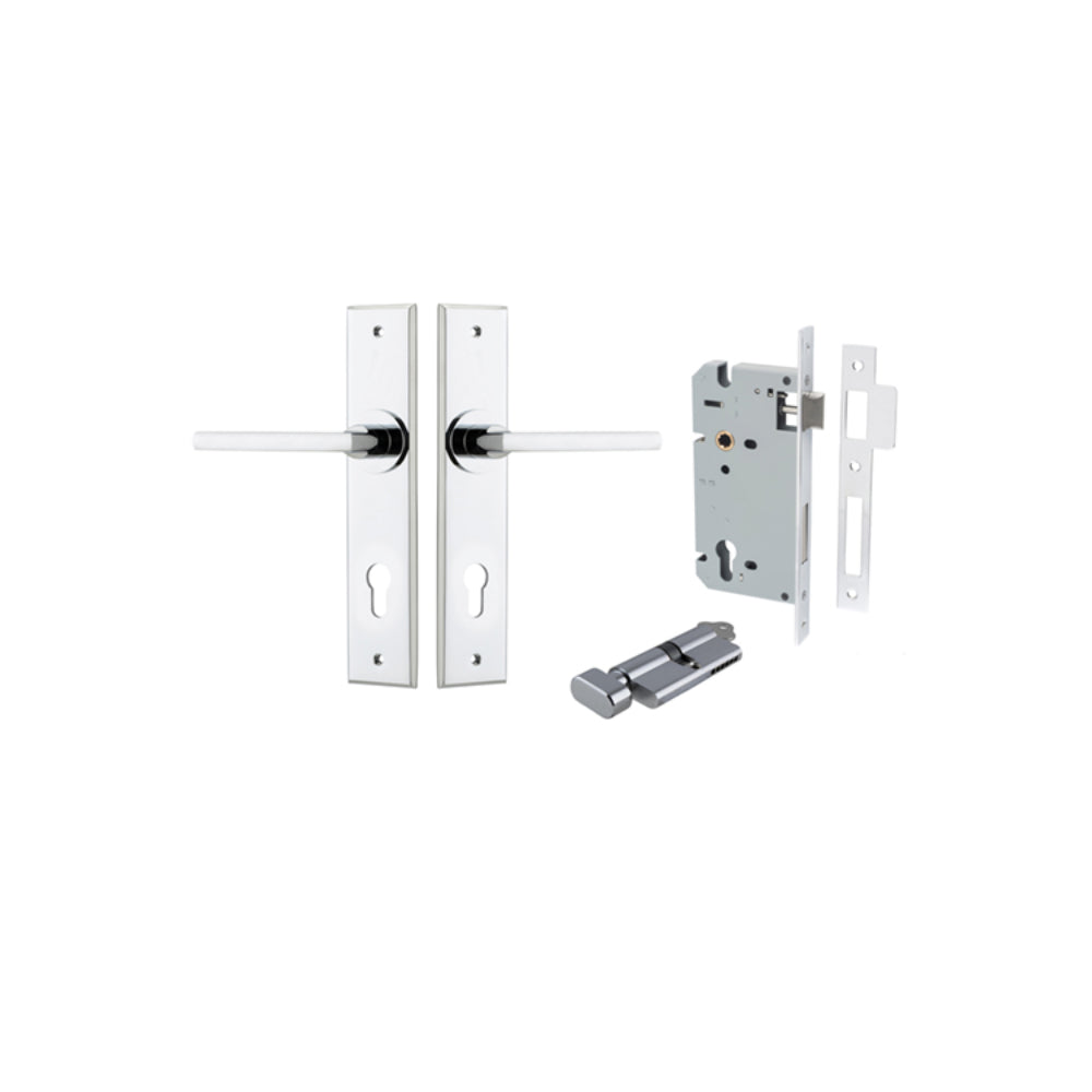 Door Lever Baltimore Chamfered Euro Pair Polished Chrome CTC85mm L118xP56mm BPH240xW50mm Mortice Lock Euro Polished Chrome CTC85mm Backset 60mm, Euro Cylinder Key Thumb 5 Pin Polished Chrome 65mm KA4 in Polished Chrome