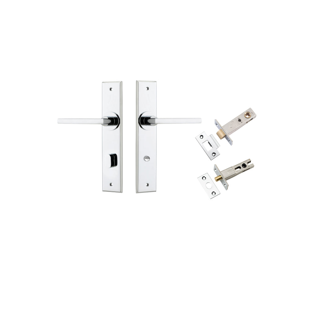 Door Lever Baltimore Chamfered Privacy Polished Chrome CTC85mm L118xP56mm BPH240xW50mm Privacy Kit Tube Latch Split Cam 'T' Striker Polished Chrome Backset 60mm, Privacy Bolt Round Bolt Polished Chrome Backset 60mm in Polished Chrome