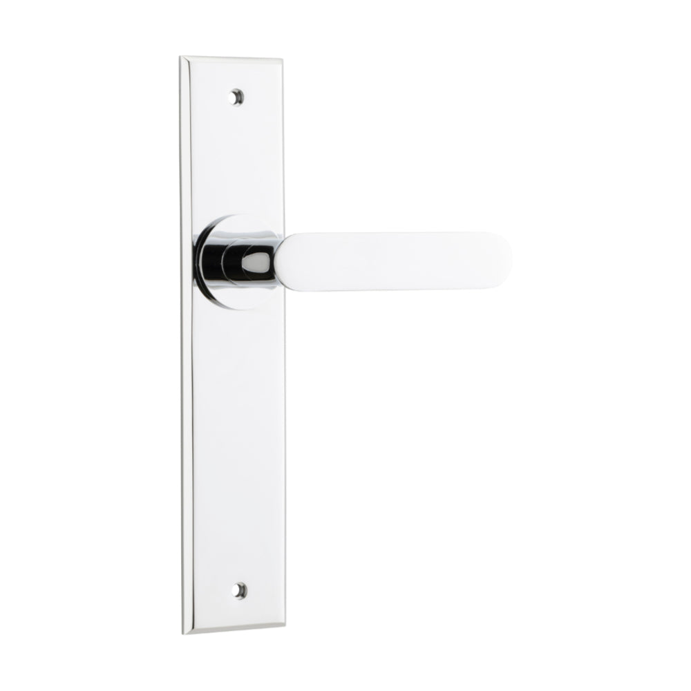Door Lever Bronte on Long Backplate Polished Chrome H240xW50xP55mm in Polished Chrome