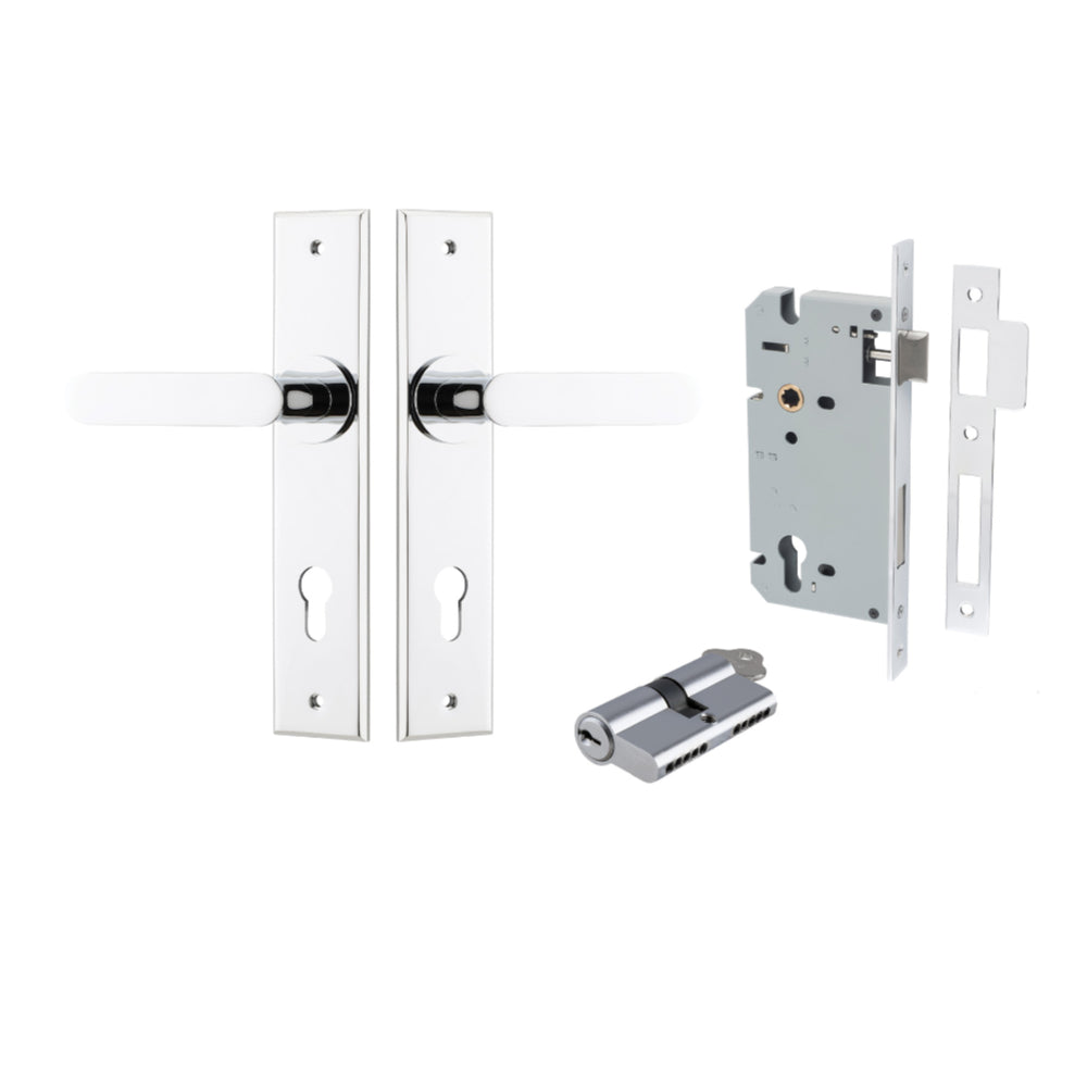 Door Lever Bronte Chamfered Euro Pair Polished Chrome CTC85mm L117xP55mm BPH240xW50mm Mortice Lock Euro Polished Chrome CTC85mm Backset 60mm, Euro Cylinder Dual Function 5 Pin Polished Chrome 65mm KA4 in Polished Chrome