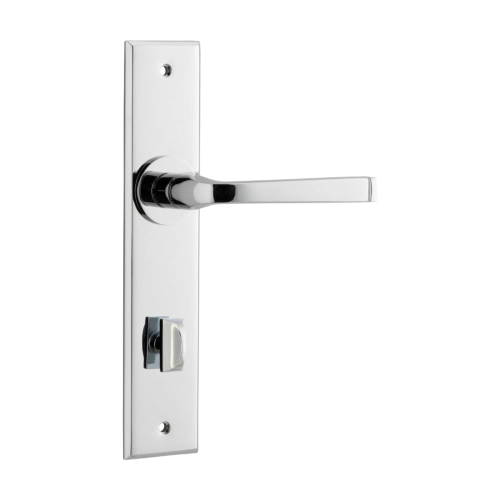 Pair of Iver Annecy lever door handles with chamfered backplates, shown in a close-up image highlighting the brushed metal finish.