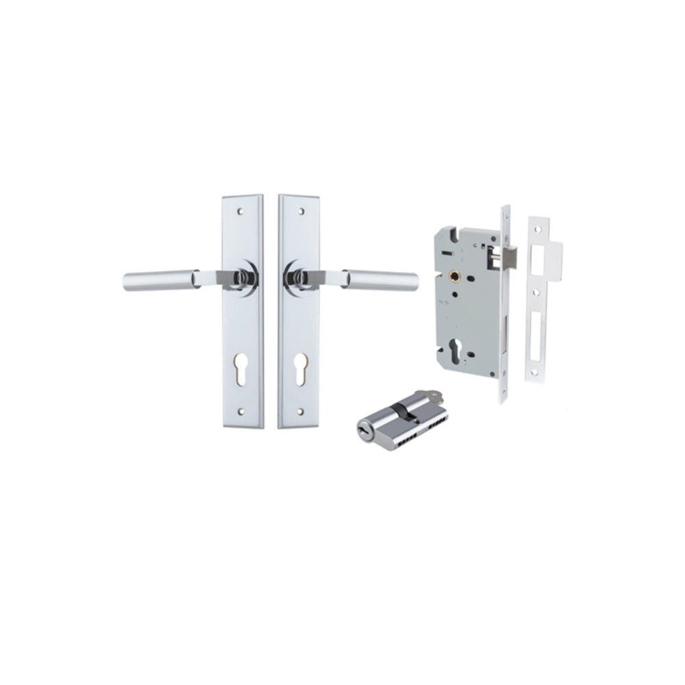 Door Lever Berlin Chamfered Euro Pair Polished Chrome CTC85mm L120xP59mm BPH240xW50mm Mortice Lock Euro Polished Chrome CTC85mm Backset 60mm, Euro Cylinder Dual Function 5 Pin Polished Chrome 65mm KA4 in Polished Chrome