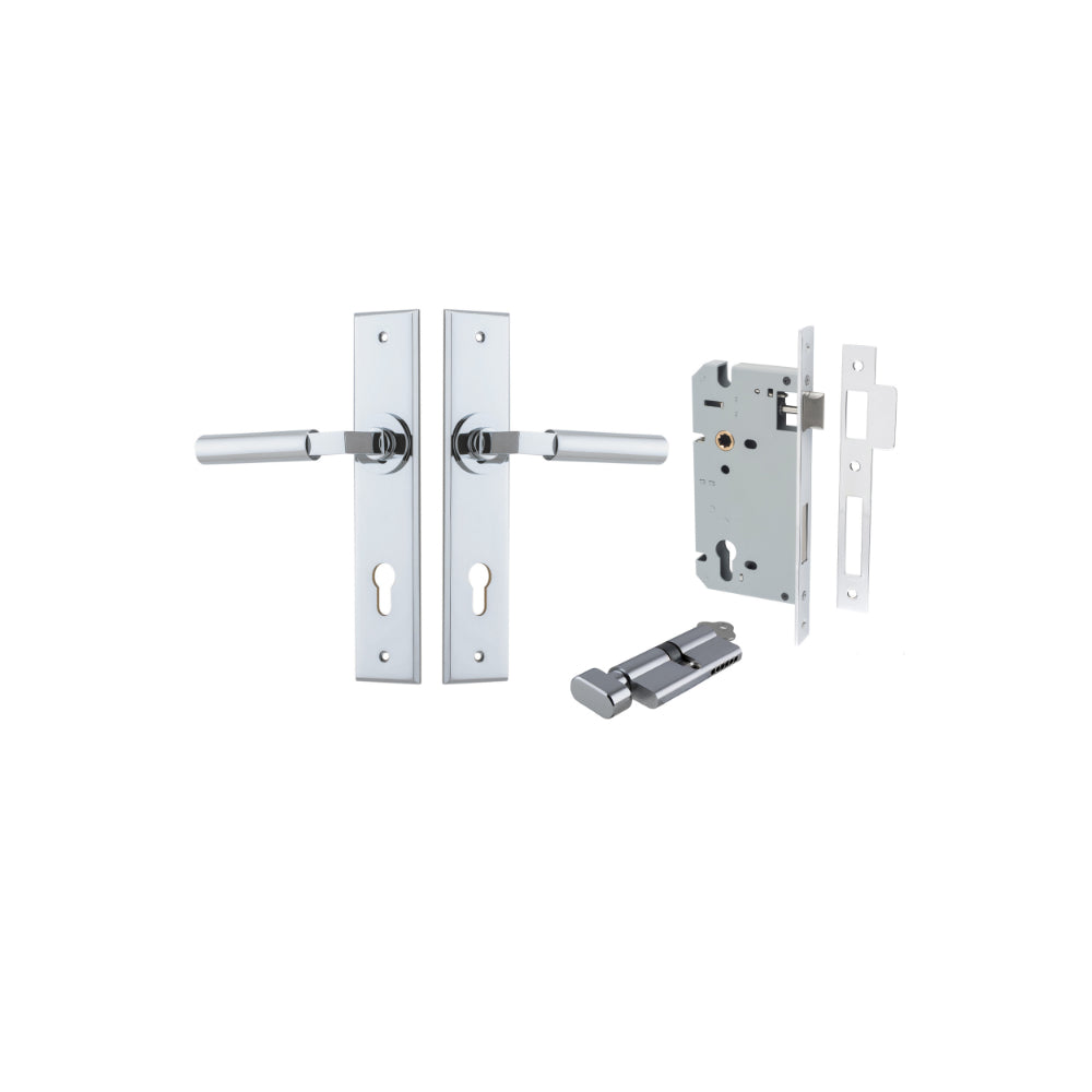Door Lever Berlin Chamfered Euro Pair Polished Chrome CTC85mm L120xP59mm BPH240xW50mm Mortice Lock Euro Polished Chrome CTC85mm Backset 60mm, Euro Cylinder Key Thumb 5 Pin Polished Chrome 65mm KA4 in Polished Chrome
