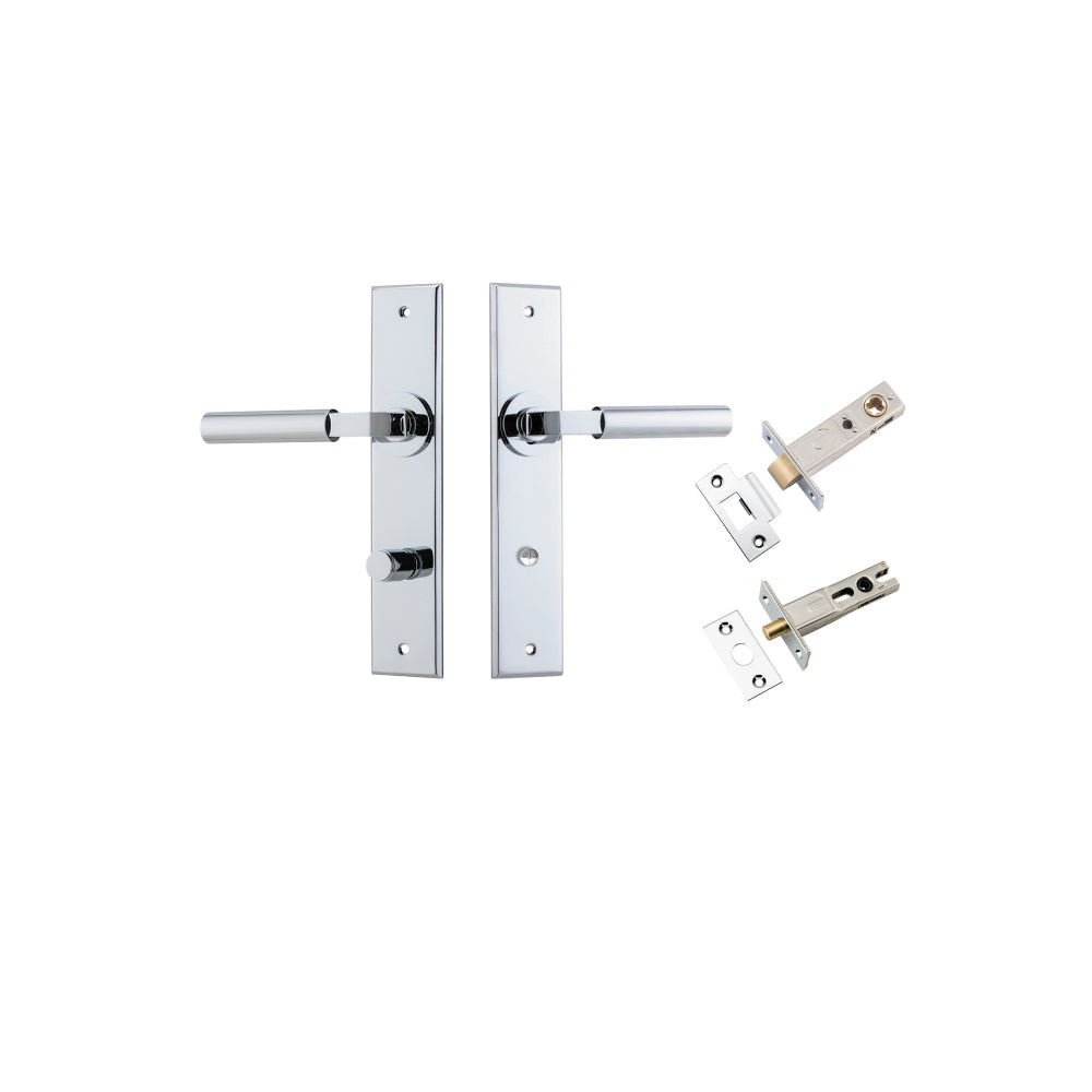 Door Lever Berlin Chamfered Privacy Polished Chrome CTC85mm L120xP59mm BPH240xW50mm Privacy Kit Tube Latch Split Cam 'T' Striker Polished Chrome Backset 60mm, Privacy Bolt Round Bolt Polished Chrome Backset 60mm in Polished Chrome