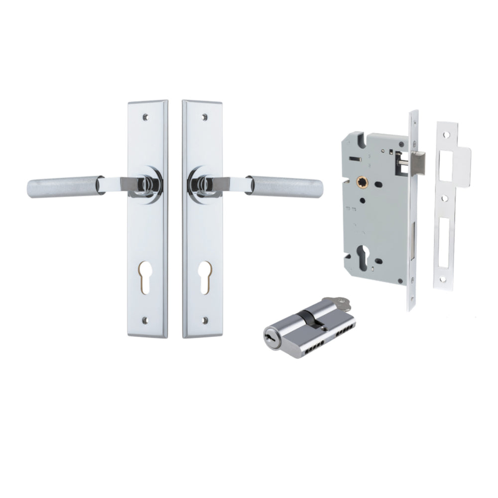 Pair of Iver Brunswick lever door handles on chamfered backplates, featuring a sleek architectural hardware design.
