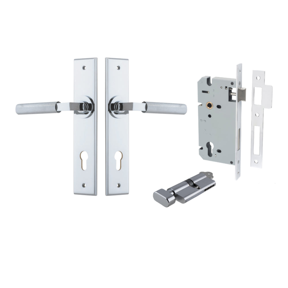 Door Lever Brunswick Chamfered Euro Pair Polished Chrome CTC85mm L120xP59mm BPH240xW50mm Mortice Lock Euro Polished Chrome CTC85mm Backset 60mm, Euro Cylinder Key Thumb 5 Pin Polished Chrome 65mm KA4 in Polished Chrome