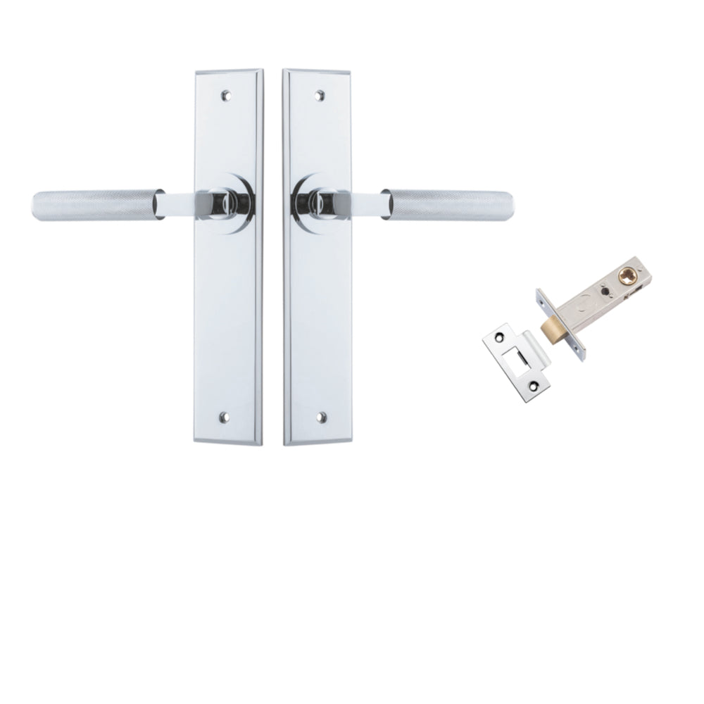 Pair of Iver Brunswick lever door handles on chamfered backplates, showcasing sleek architectural hardware design.