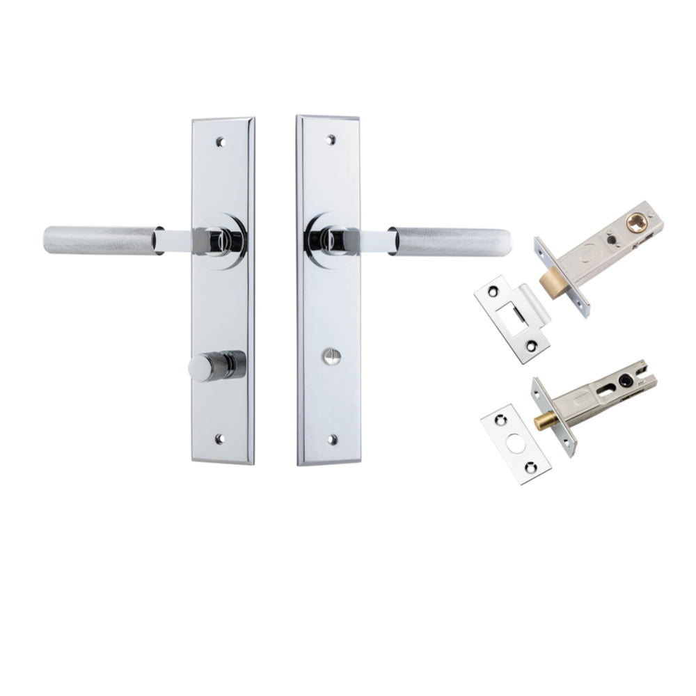 Door Lever Brunswick Chamfered Privacy Polished Chrome CTC85mm L120xP59mm BPH240xW50mm Privacy Kit Tube Latch Split Cam 'T' Striker Polished Chrome Backset 60mm, Privacy Bolt Round Bolt Polished Chrome Backset 60mm in Polished Chrome