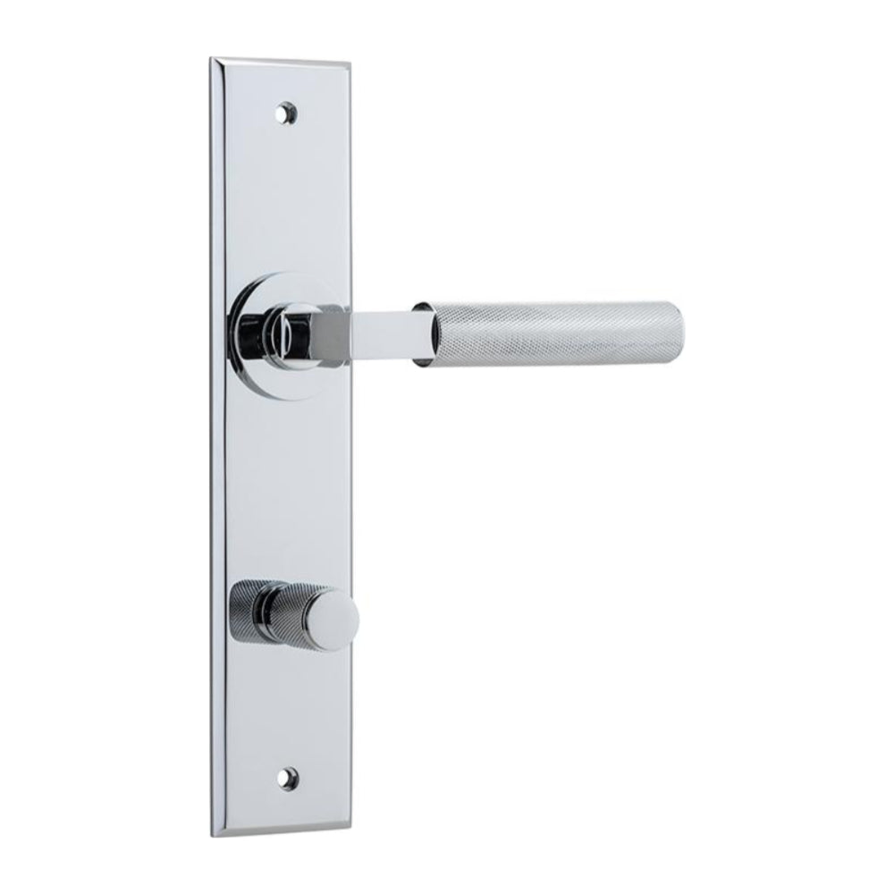 Pair of Iver Brunswick lever door handles on chamfered backplates, showcasing sleek architectural hardware design.