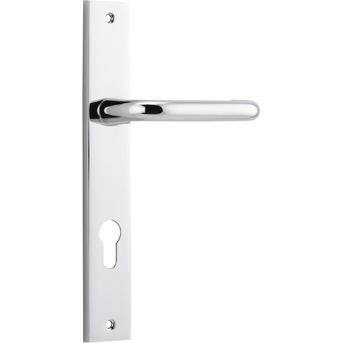 Pair of Iver Oslo Lever handles on rectangular backplates for architectural hardware, showcasing modern door hardware design.