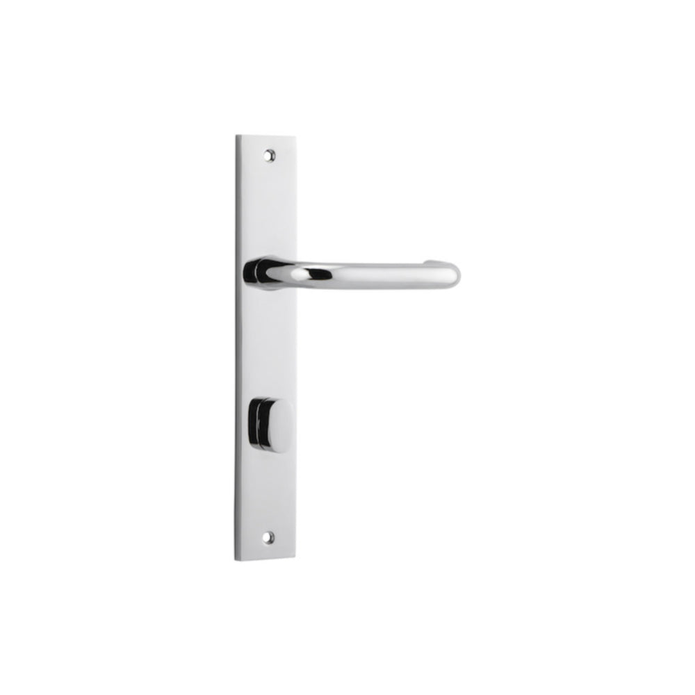 Door Lever Oslo Return Rectangular Privacy Polished Chrome CTC85mm L118xP56mm BPH240xW50mm Privacy Kit, Tube Latch Split Cam 'T' Striker Polished Chrome Backset 60mm, Privacy Bolt Round Bolt Polished Chrome Backset 60mm in Polished Chrome
