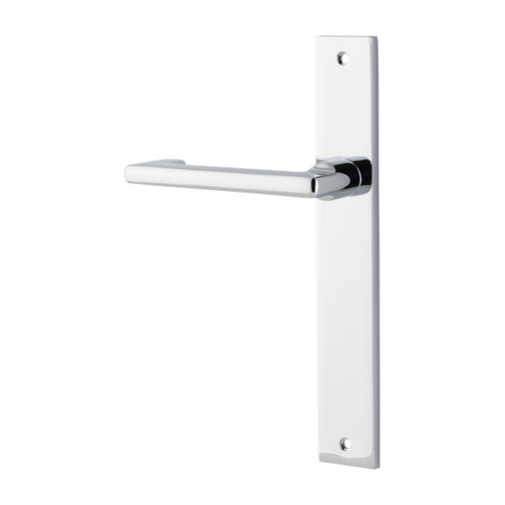 Door Lever Baltimore Return Rectangular Latch Left Hand Fixed Polished Chrome L128xP54mm BPH240xW38mm in Polished Chrome