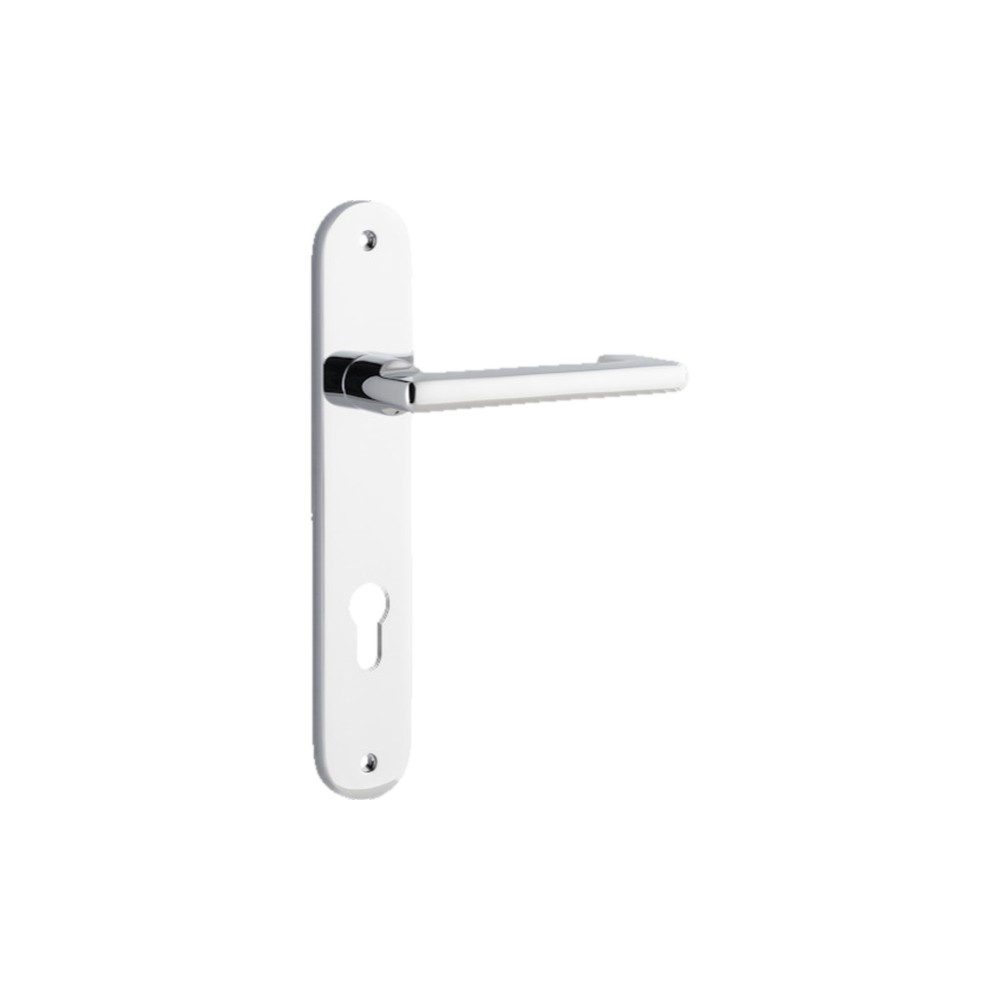 Door Lever Baltimore Return Oval Euro Pair Polished Chrome CTC85mm H240xW40xP58mm in Polished Chrome