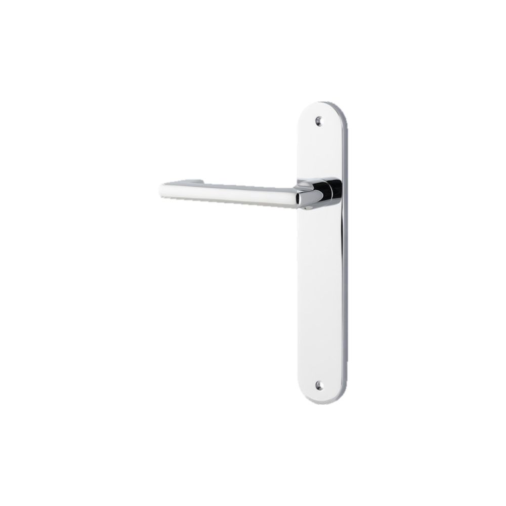 Door Lever Baltimore Return Oval Latch Left Hand Fixed Polished Chrome L128xP54mm BPH240xW40mm in Polished Chrome