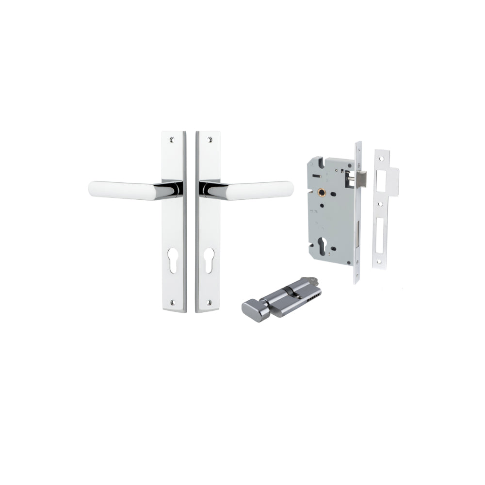 Door Lever Osaka Rectangular Euro Pair Polished Chrome CTC85mm H240xW38xP55mm Entrance Kit, Mortice Lock Euro Polished Chrome CTC85mm Backset 60mm, Euro Cylinder Key Thumb 6 Pin Polished Chrome L70mm KA1 in Polished Chrome