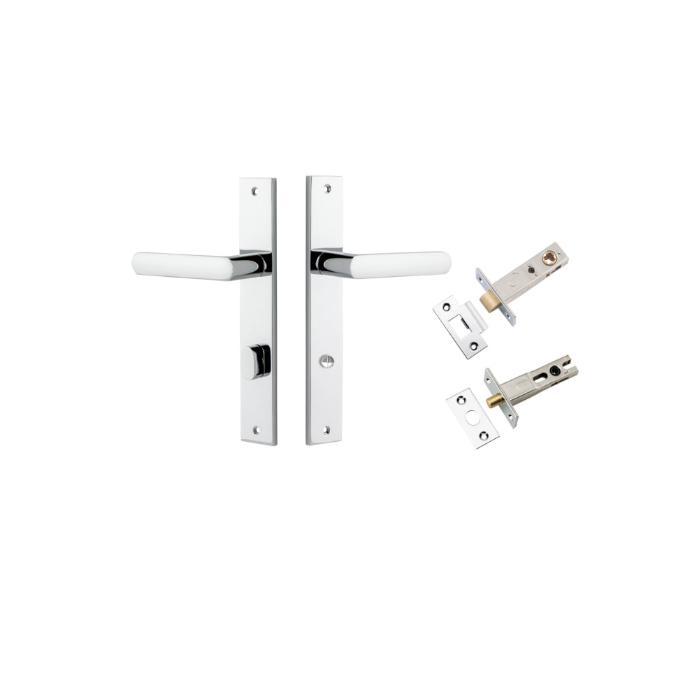 Door Lever Osaka Rectangular Privacy Pair Polished Chrome CTC85mm H240xW38xP55mm Privacy Kit, Tube Latch Split Cam 'T' Striker Polished Chrome Backset 60mm, Privacy Bolt Round Bolt Polished Chrome Backset 60mm in Polished Chrome