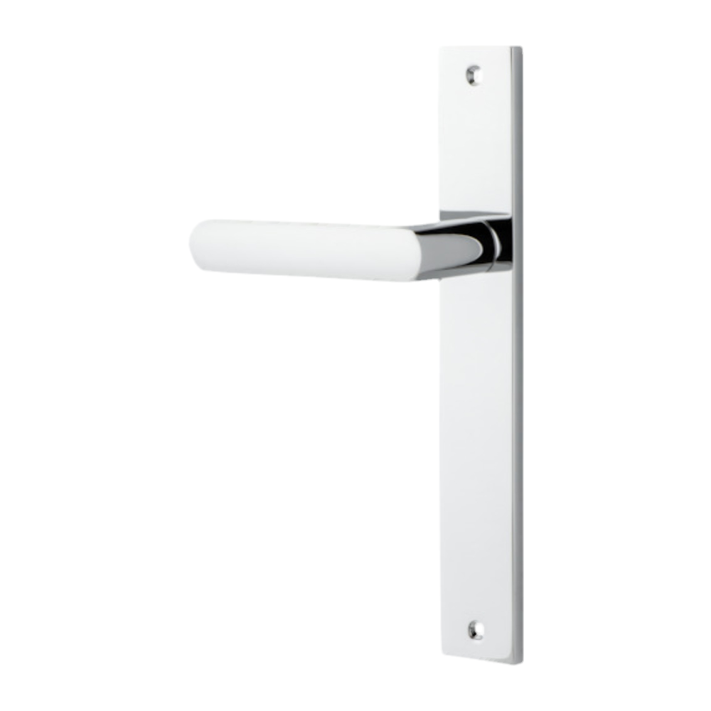Door Lever Osaka Rectangular Latch Left Hand Fixed Polished Chrome L120xP52mm BPH240xW38mm in Polished Chrome