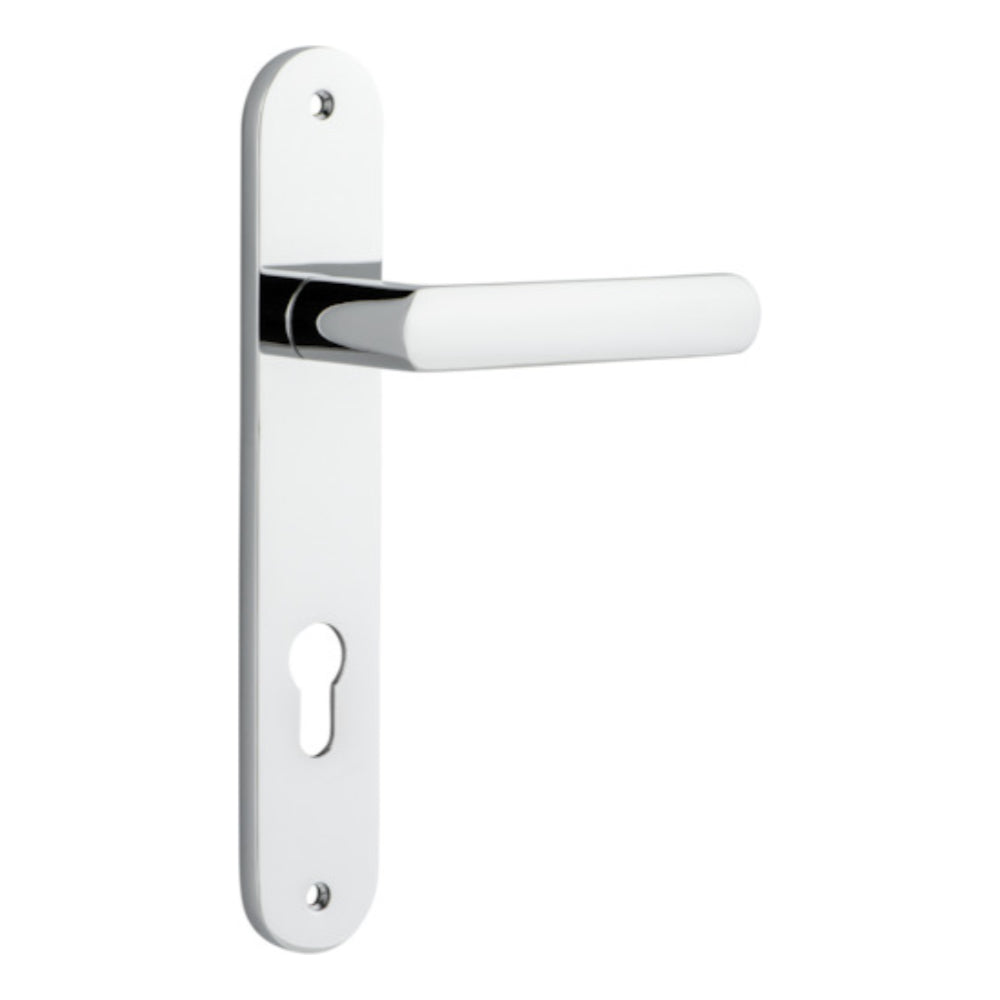 Door Lever Osaka Oval Euro Pair Polished Chrome CTC85mm H240xW40xP55mm in Polished Chrome