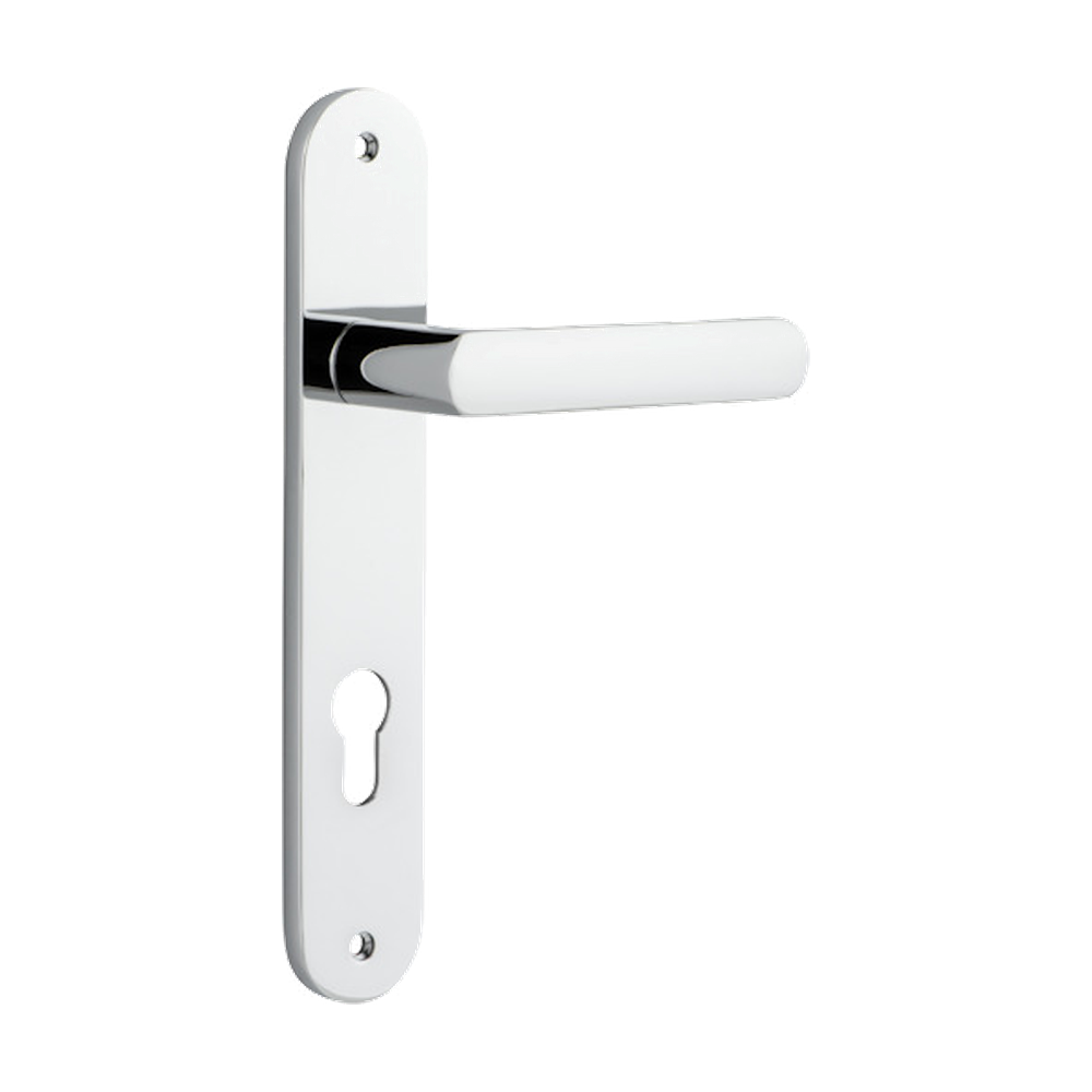 Door Lever Osaka Oval Euro Pair Polished Chrome CTC85mm H240xW40xP55mm in Polished Chrome