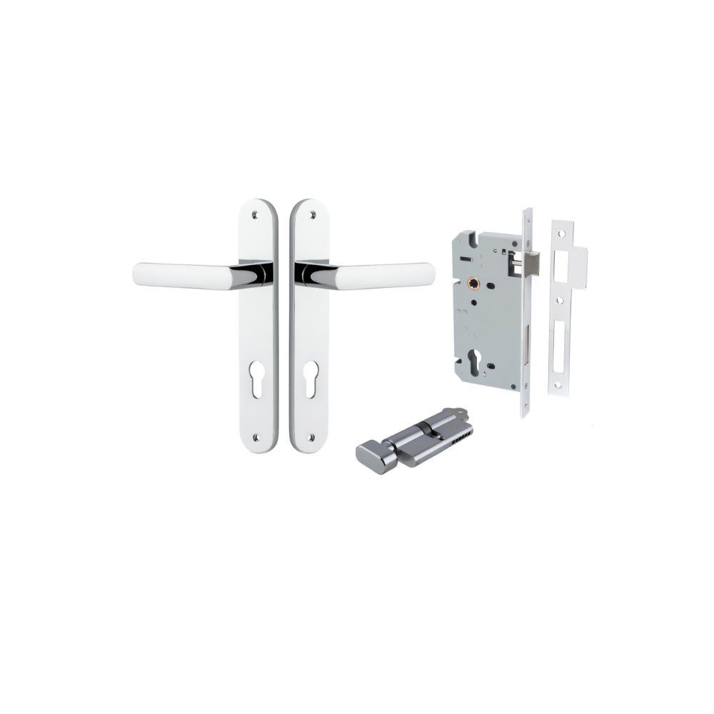 Door Lever Osaka Oval Euro Pair Polished Chrome CTC85mm H240xW40xP55mm Entrance Kit Mortice Lock Euro Polished Chrome CTC85mm Backset 60mm, Euro Cylinder Key Thumb 6 Pin Polished Chrome L70mm KA1 in Polished Chrome