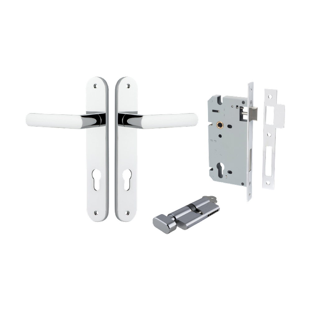 Door Lever Osaka Oval Euro Pair Polished Chrome CTC85mm H240xW40xP55mm Entrance Kit Mortice Lock Euro Polished Chrome CTC85mm Backset 60mm, Euro Cylinder Key Thumb 6 Pin Polished Chrome L70mm KA1 in Polished Chrome