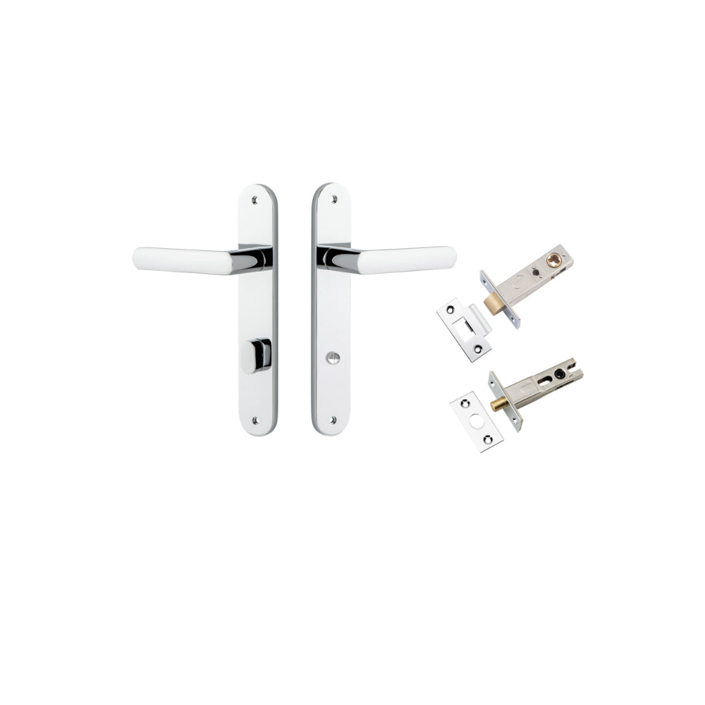 Door Lever Osaka Oval Privacy Pair Polished Chrome CTC85mm H240xW40xP55mm Privacy Kit Tube Latch Split Cam 'T' Striker Polished Chrome Backset 60mm, Privacy Bolt Round Bolt Polished Chrome Backset 60mm in Polished Chrome
