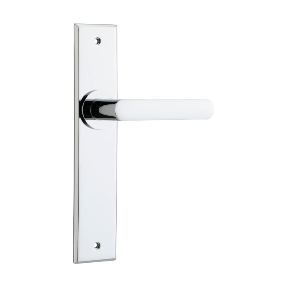 Door Lever Osaka Chamfered Latch Pair Polished Chrome H240xW50xP55mm in Polished Chrome