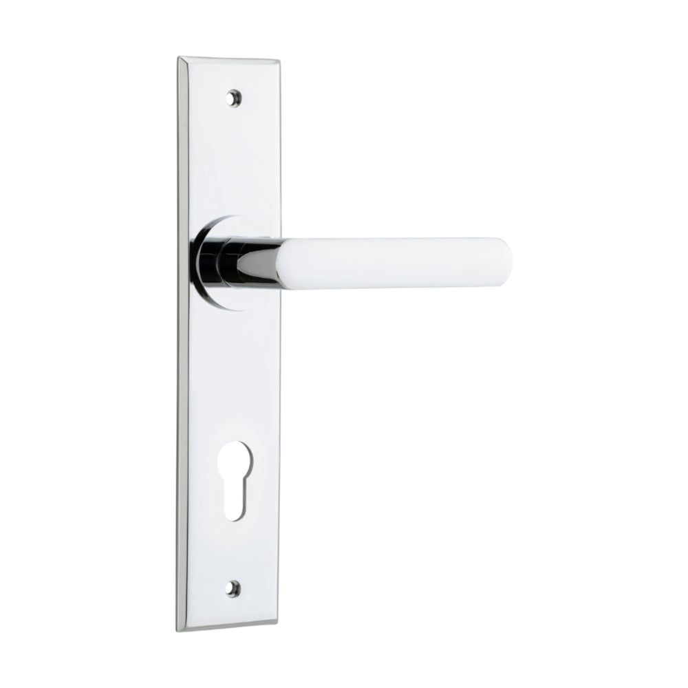 Door Lever Osaka Chamfered Euro Pair Polished Chrome CTC85mm H240xW50xP55mm in Polished Chrome