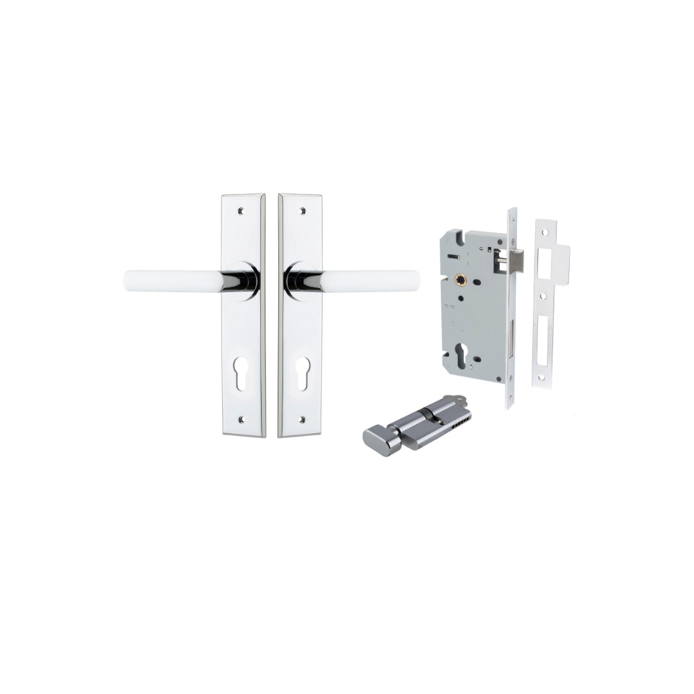 Door Lever Osaka Chamfered Euro Pair Polished Chrome CTC85mm L120xP54mm BPH240xW50mm Mortice Lock Euro Polished Chrome CTC85mm Backset 60mm, Euro Cylinder Key Thumb 5 Pin Polished Chrome 65mm KA4 in Polished Chrome